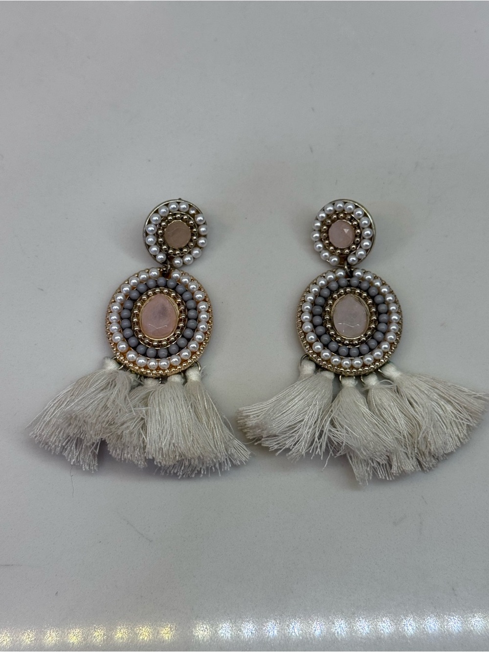 Boho Ivory Tassel and Pearl Statement Earrings